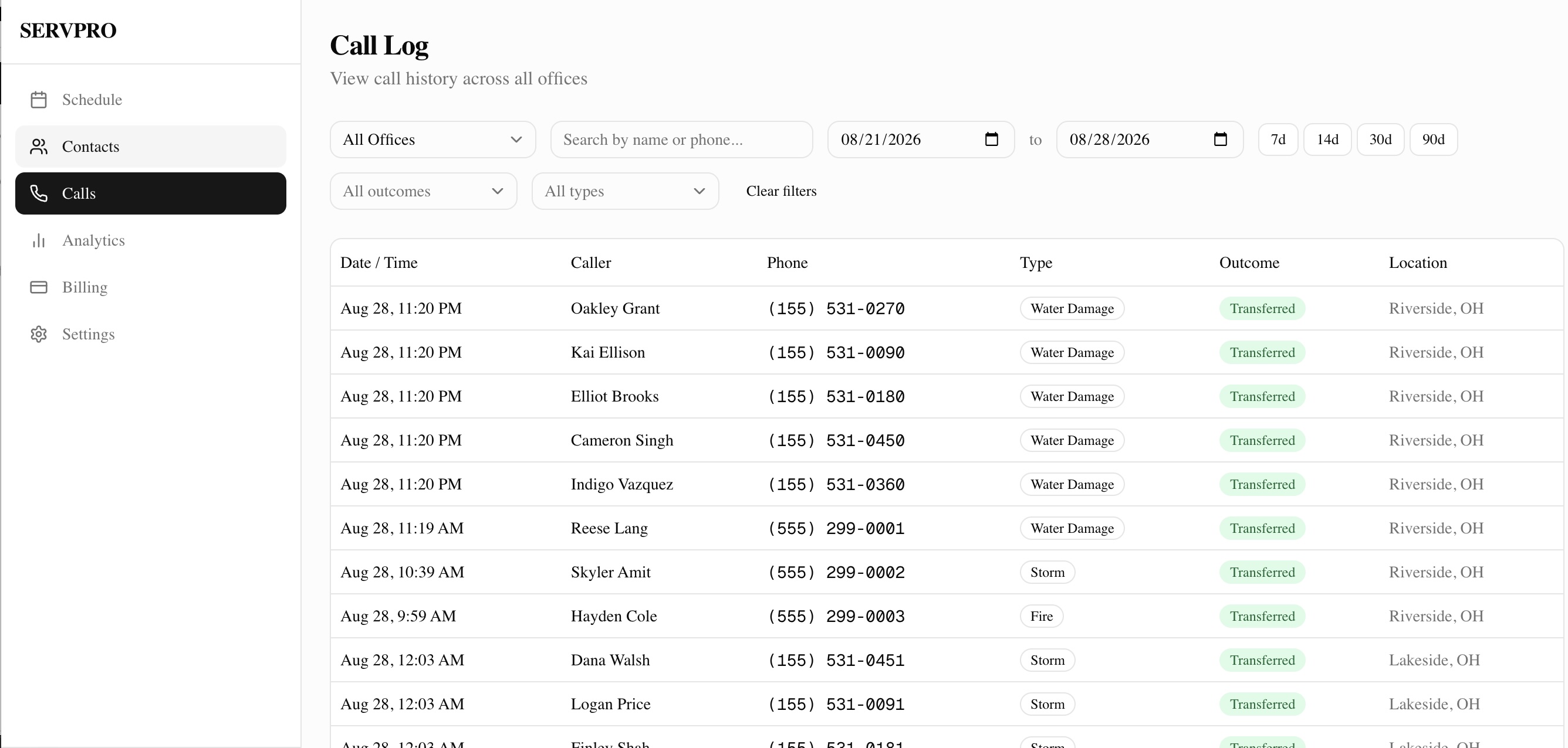 Call log page of the SERVPRO call dashboard