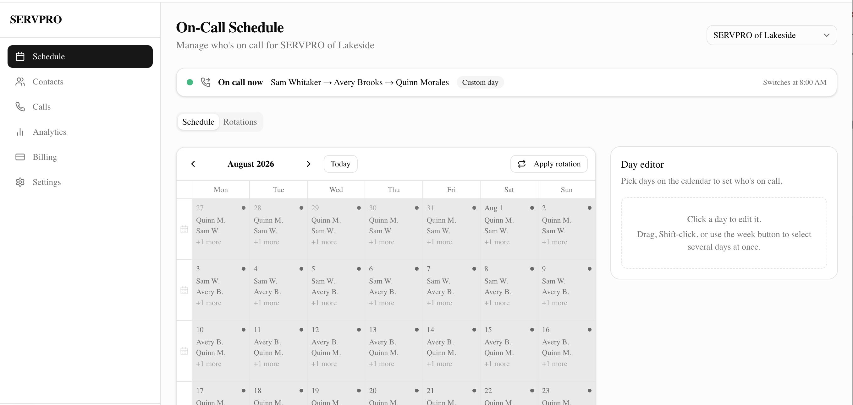 On-call schedule page of the SERVPRO call dashboard