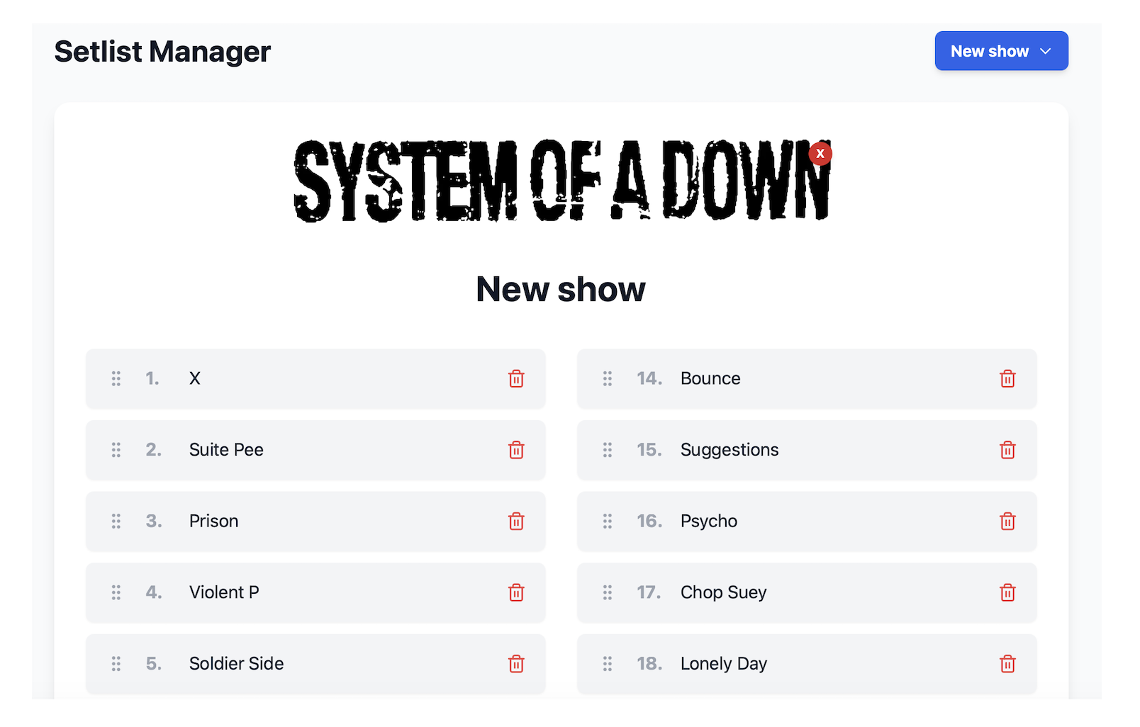 System of a Down Setlist Tool